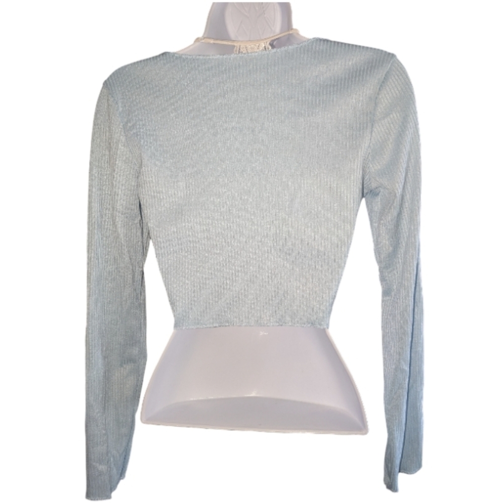 Light Blue Ribbed Tie-Front Top - Picture 5 of 7